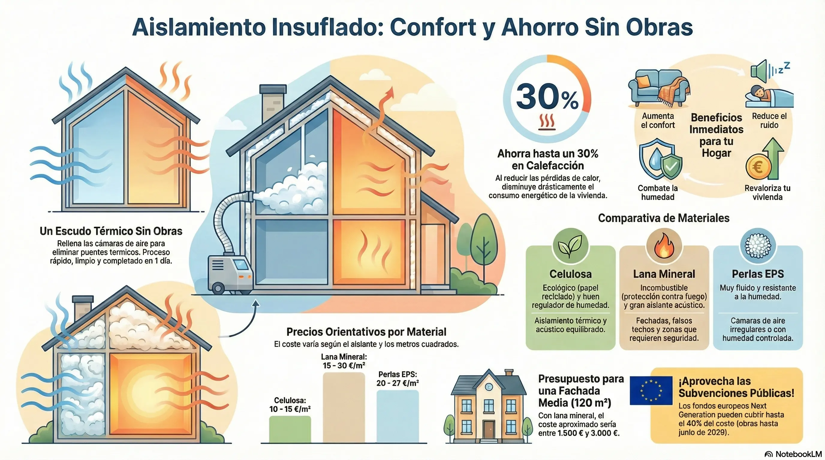 Infografía Aislamiento Insuflado: Confort y Ahorro Sin Obras - Materiales, precios y subvenciones